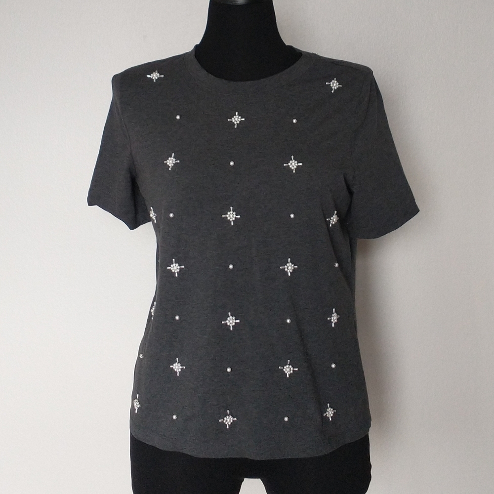 Pearl Embellished T-shirt |Faux white pearls